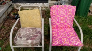 how to reupholster outdoor cushions, modern homemakers, mom blog, upcycled cushions