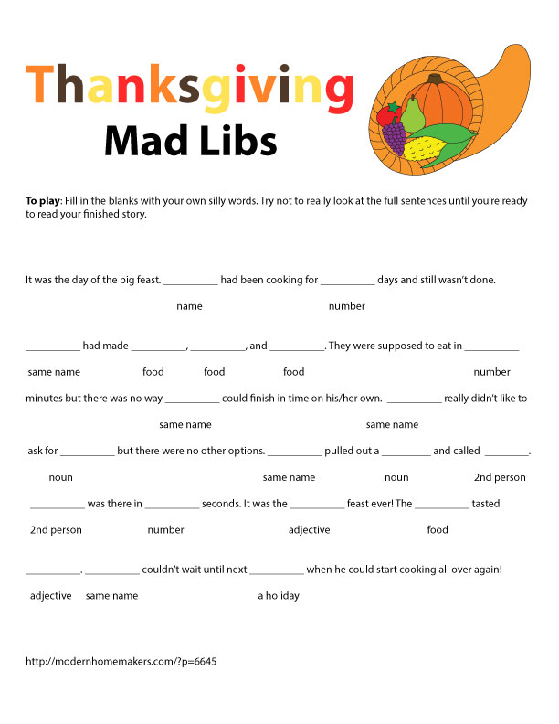 Thanksgiving Mad Libs Printable